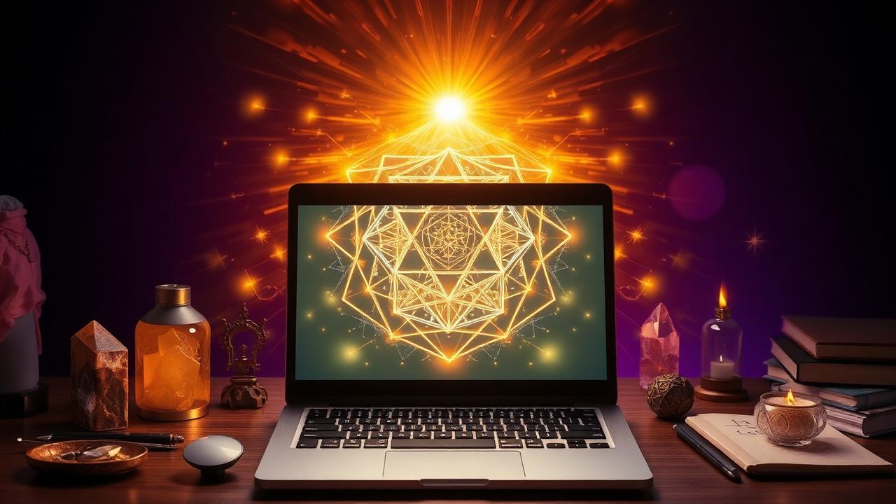 Laptop emanating sacred geometry surrounded by crystals