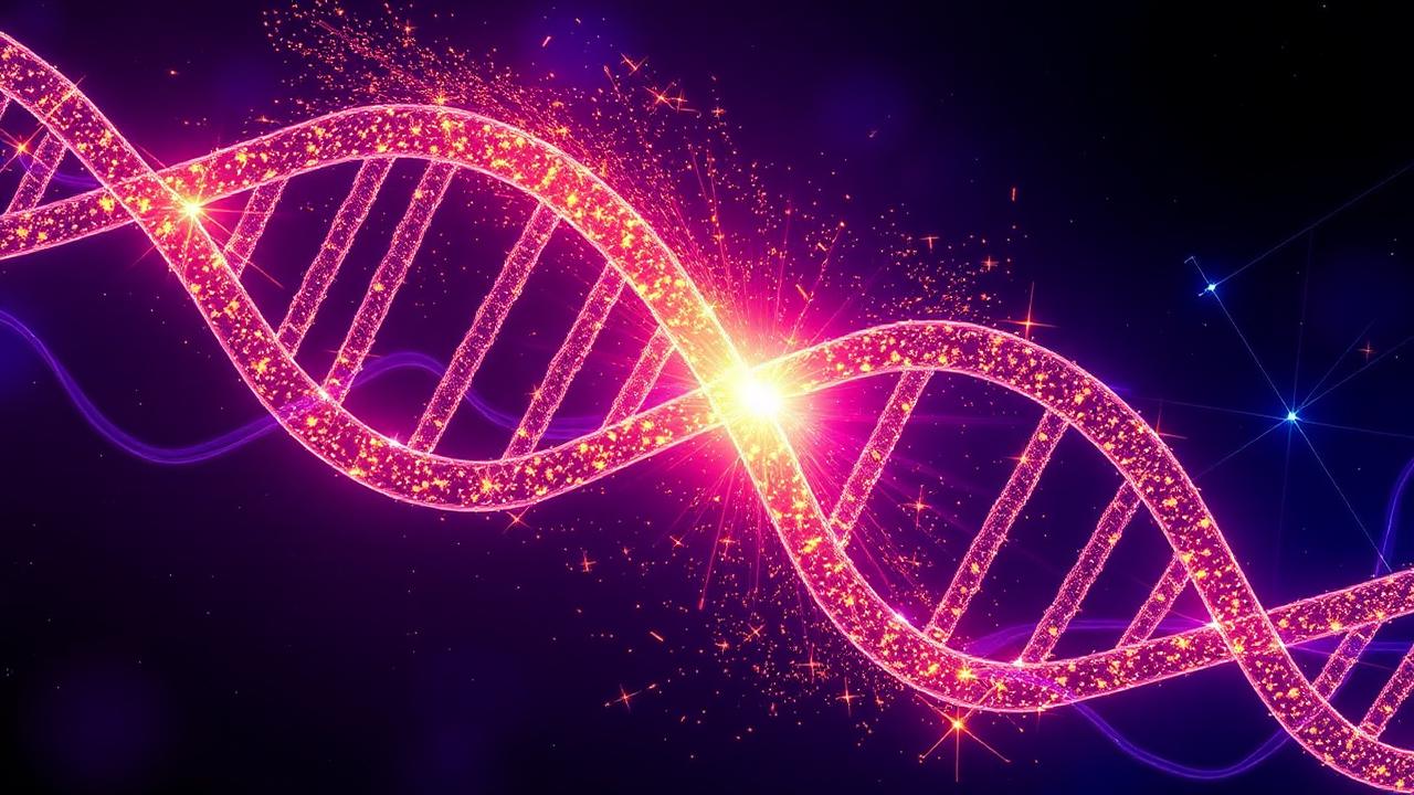DNA strands transforming into golden light particles