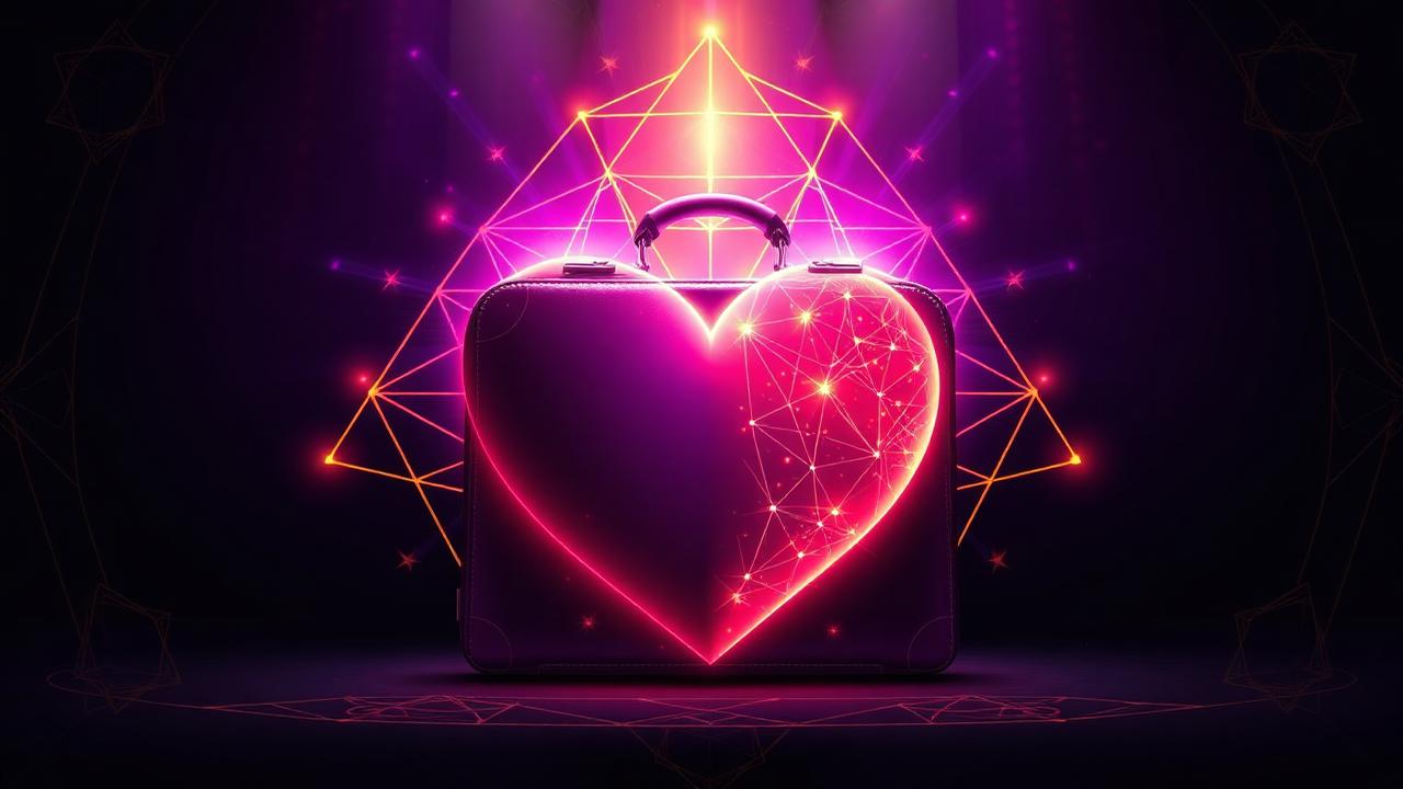 A glowing heart merged with business case emanating sacred geometry