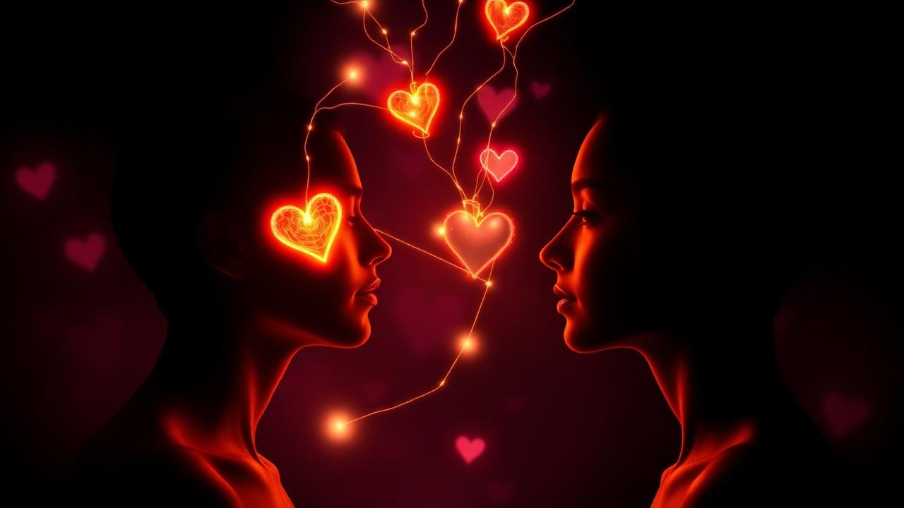 Two people with glowing threads of light connecting their hearts