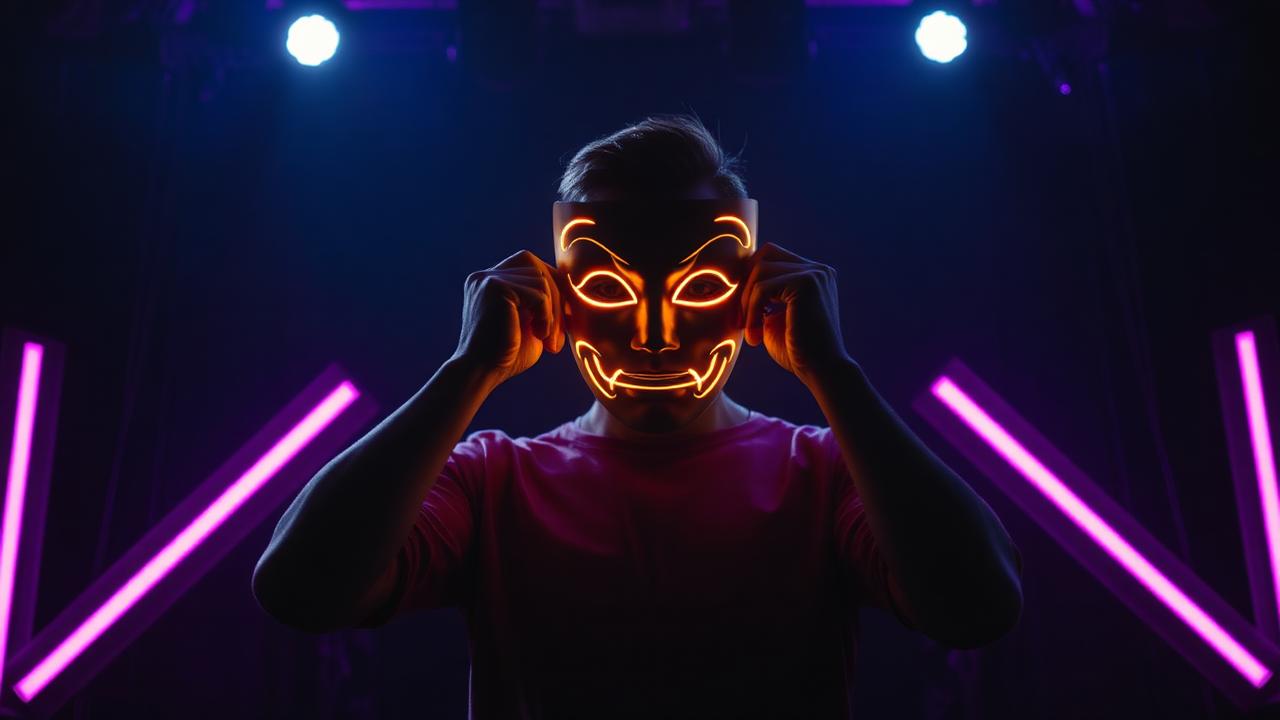 Person removing a glowing mask revealing their true self