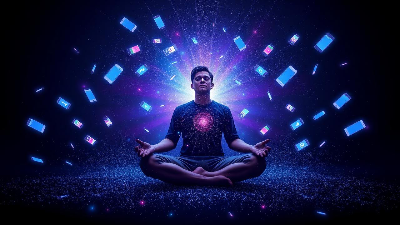 Person meditating surrounded by floating phones dissolving into stardust