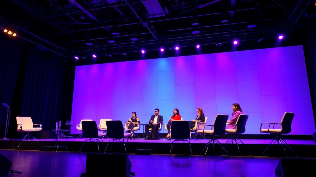 Panel discussion stage with purple and blue lighting