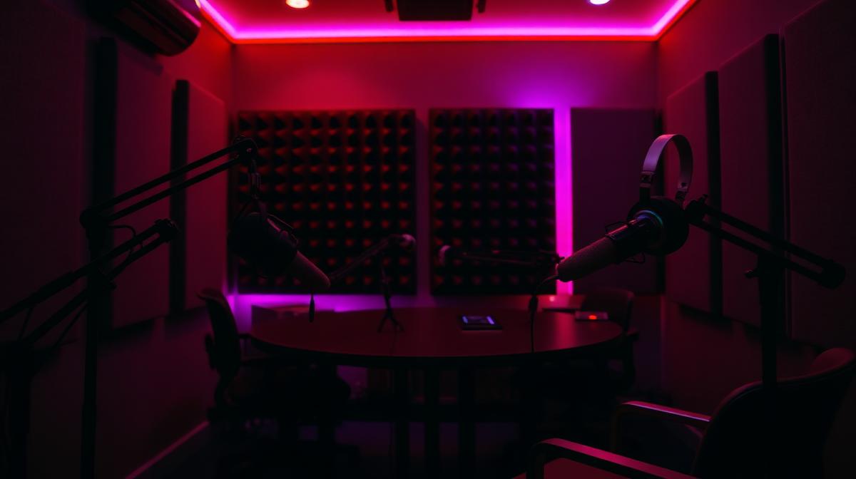 Cozy podcast studio with purple and pink lighting
